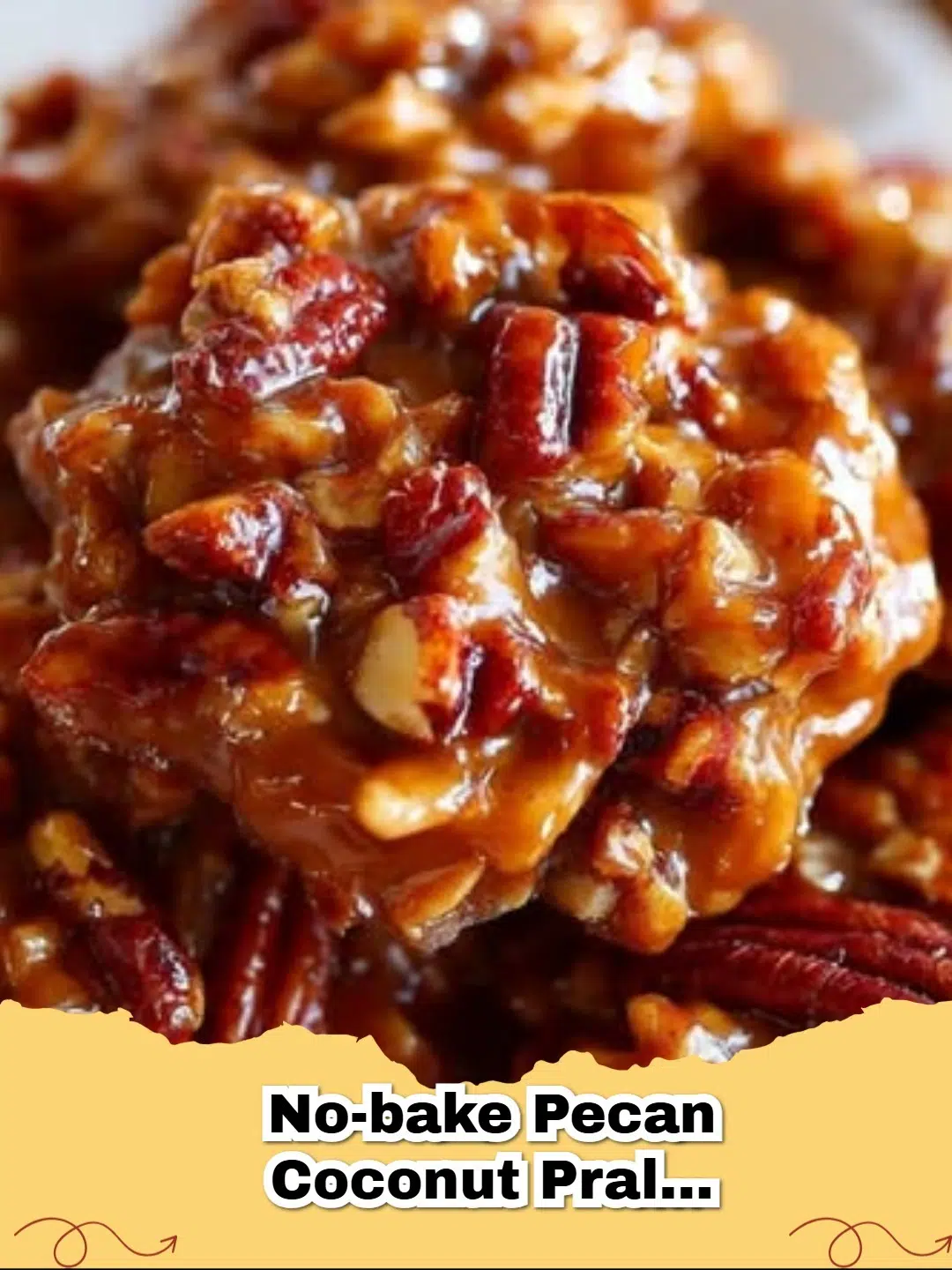 Pile of delicious No-Bake Pecan Coconut Praline Cookies on a white plate