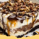 A square slice of No-Bake Turtle Lush Dessert showing layers of Oreo crust, cream cheese, chocolate pudding, whipped topping, pecans, and caramel.