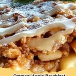 A comforting square of warm Oatmeal Apple Breakfast Bake, topped with cinnamon and diced apples, served on a plate with a fork.