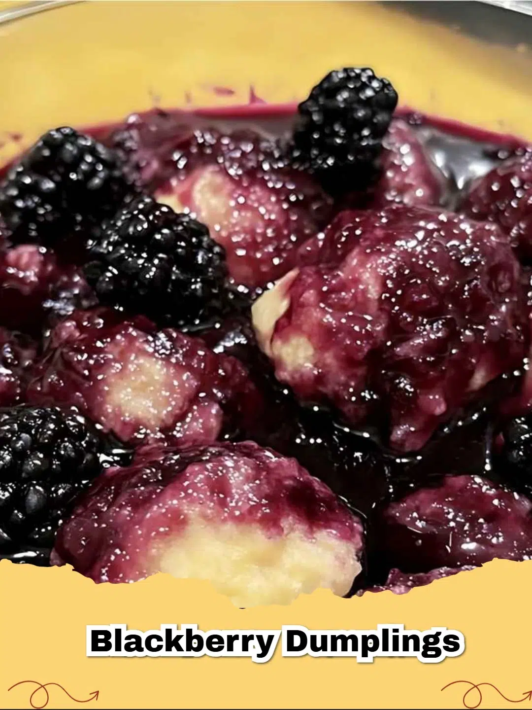A bowl of warm old-fashioned blackberry dumplings with a scoop of melting vanilla ice cream.