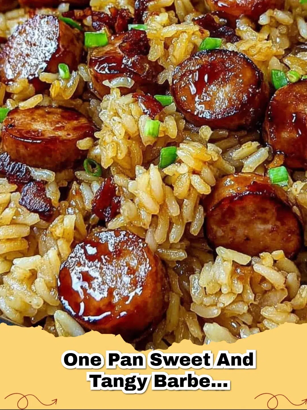 Close-up of One Pan Sweet and Tangy Barbecue Sausage Rice, garnished with green onions, in a skillet.