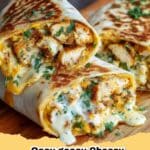 A close-up of an Ooey-Gooey Cheesy Garlic Chicken Wrap, sliced in half, showing the melted cheese and tender chicken filling.