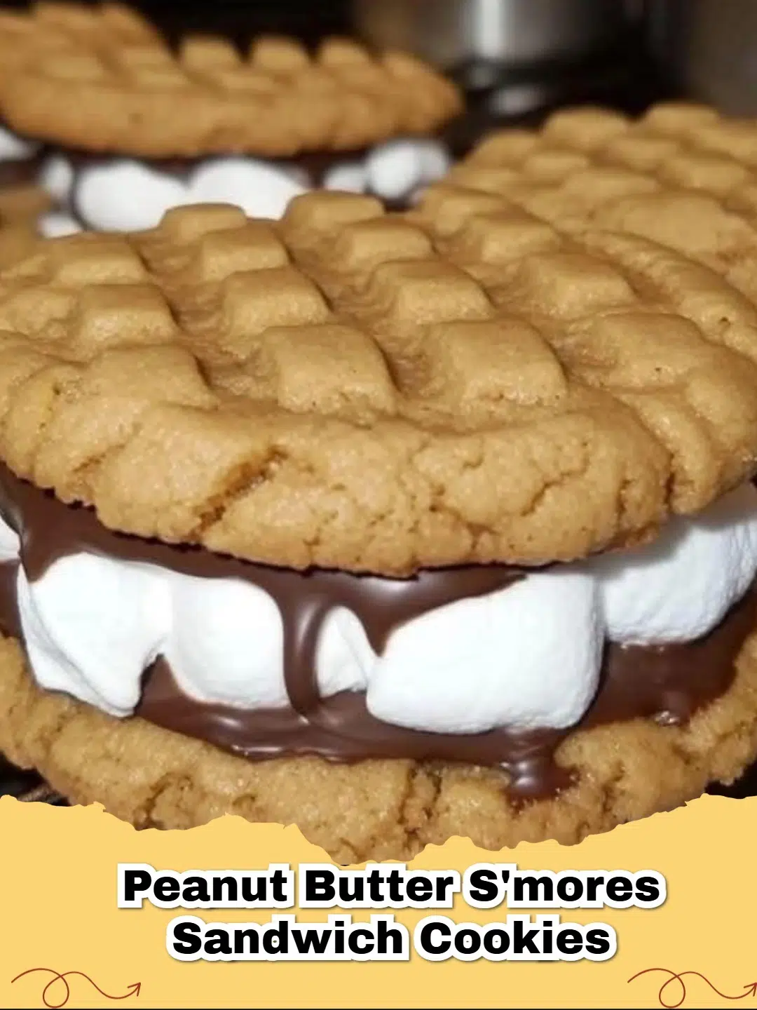Delicious Peanut Butter S'mores Sandwich Cookies with melted chocolate and marshmallow filling