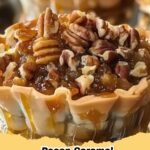 Delicious Pecan Caramel Baklava Cups arranged on a serving platter with a caramel drizzle.