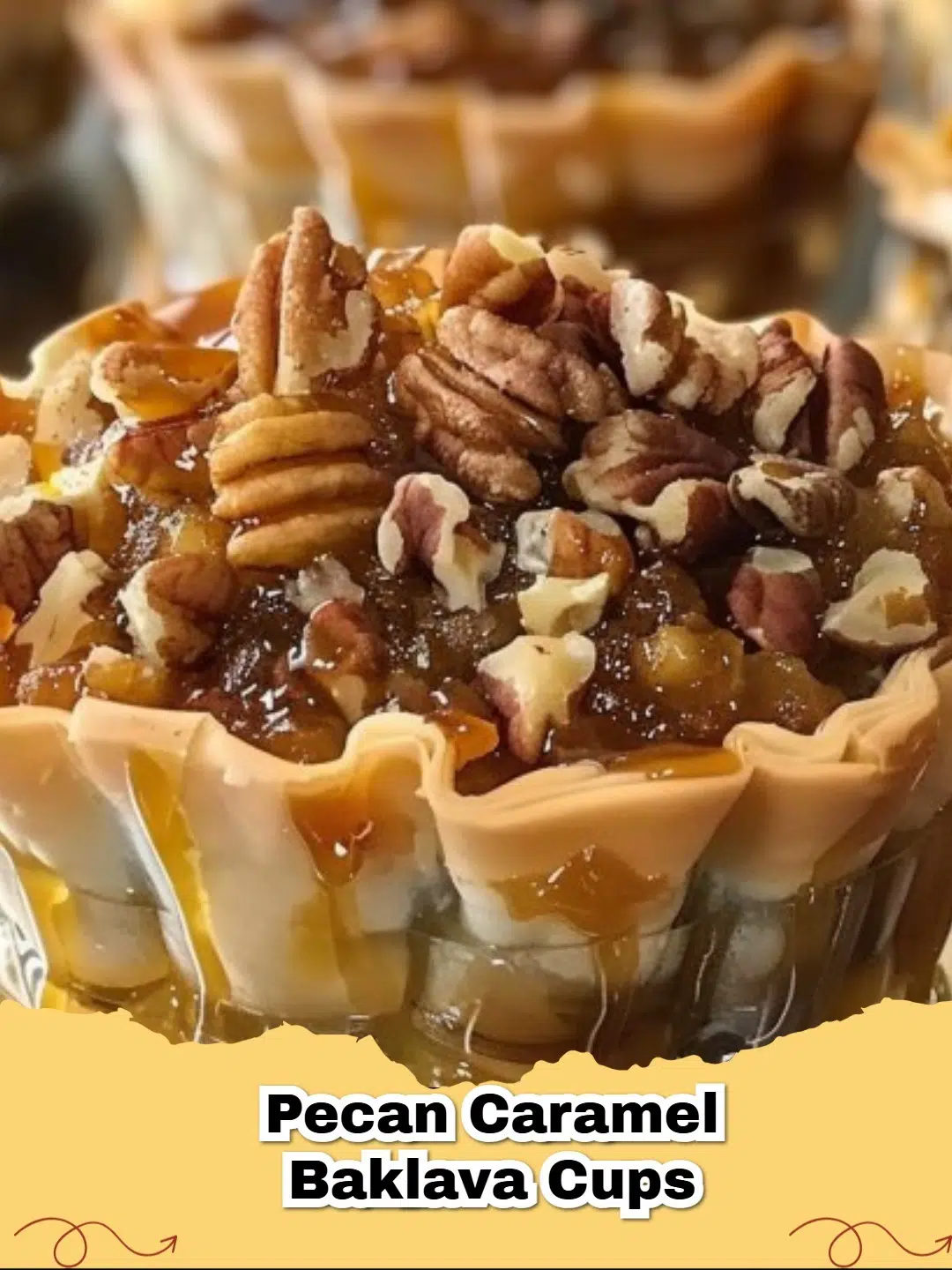 Delicious Pecan Caramel Baklava Cups arranged on a serving platter with a caramel drizzle.