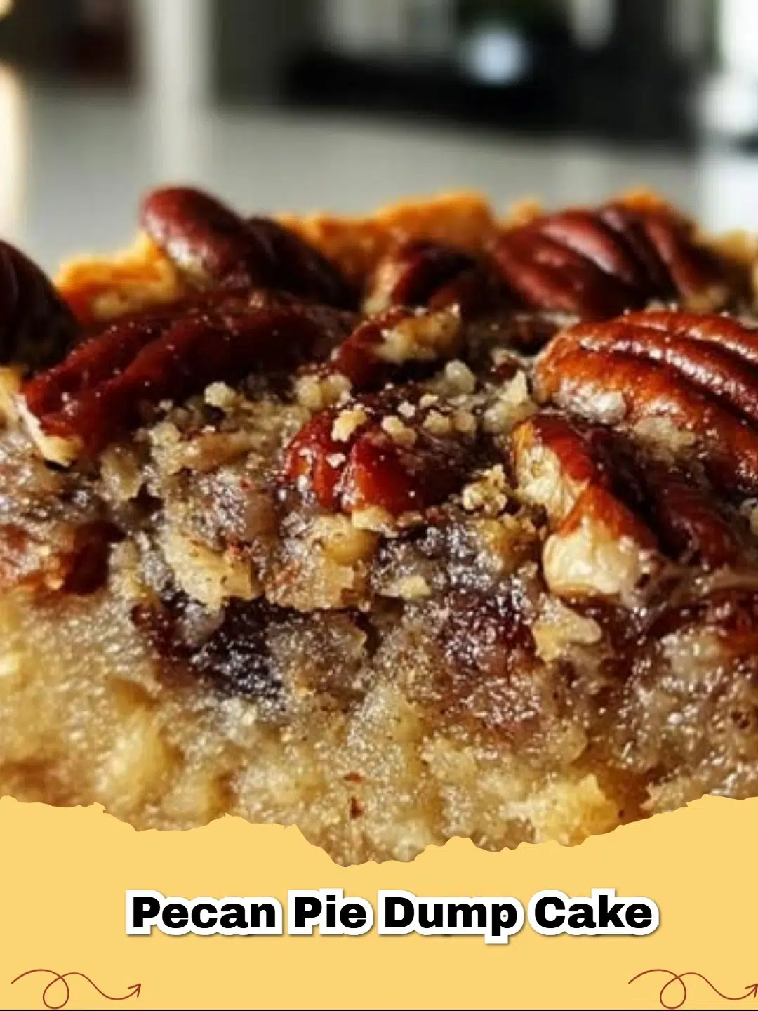 Easy Pecan Pie Dump Cake recipe baked to golden perfection in a glass dish.