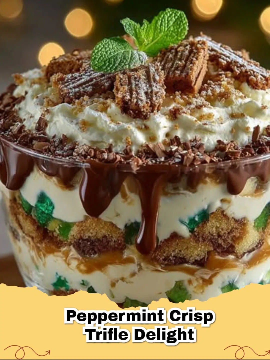 A vibrant Peppermint Crisp Caramel Trifle in a glass bowl, showcasing layers of green jelly, sponge cake, caramel cream, and crushed chocolate.