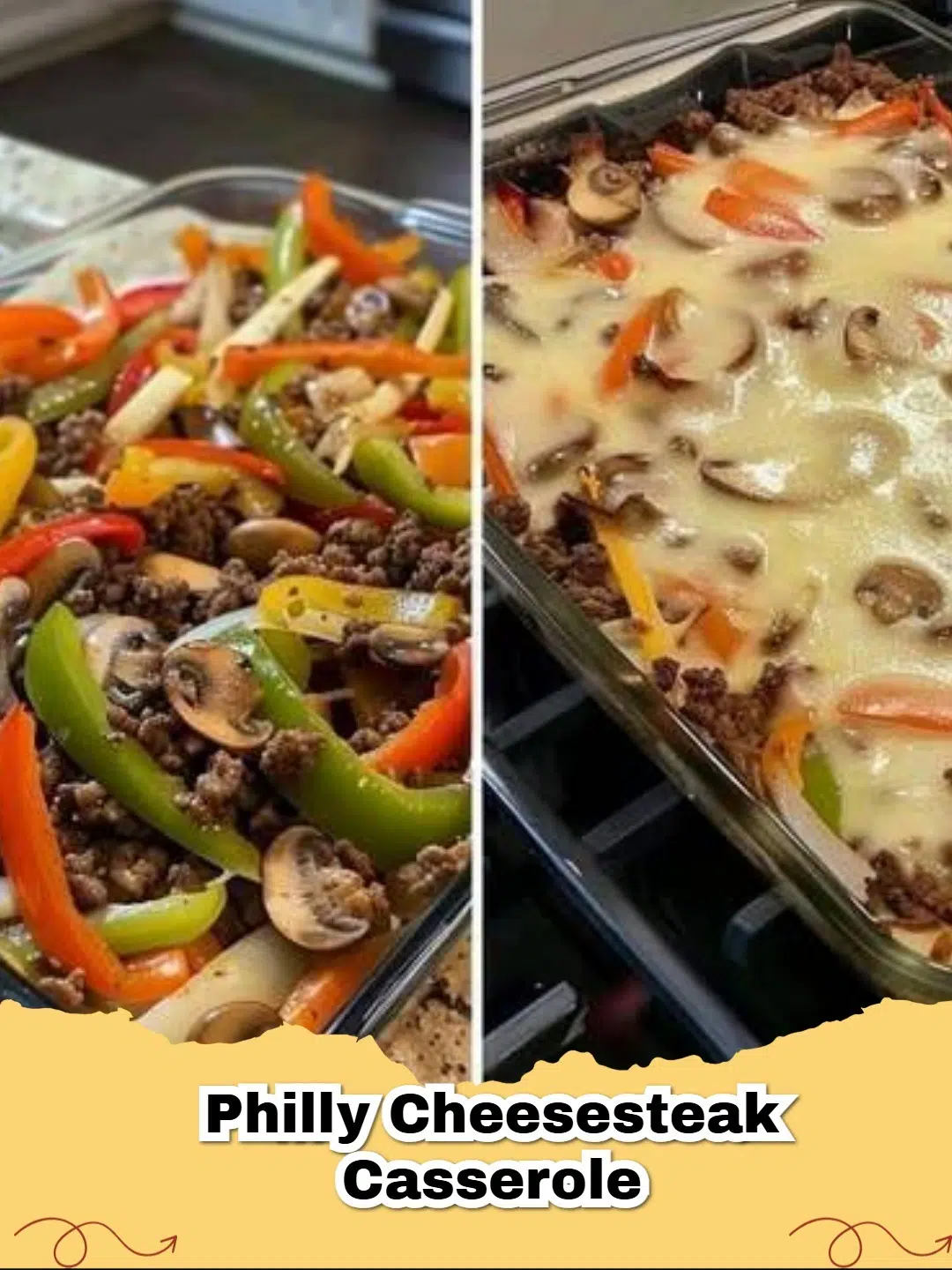 Philly Cheesesteak Casserole in a baking dish, topped with golden melted provolone cheese and fresh parsley.