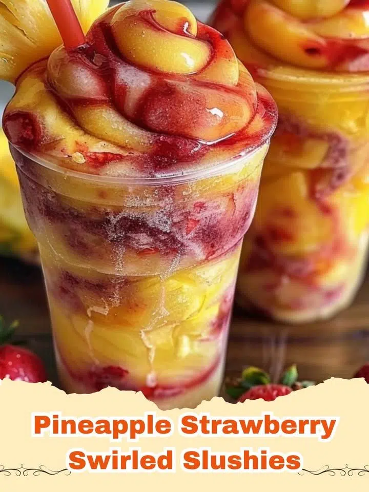 Two glasses of vibrant Pineapple Strawberry Swirled Slushies, garnished with fresh fruit, on a bright summer background.