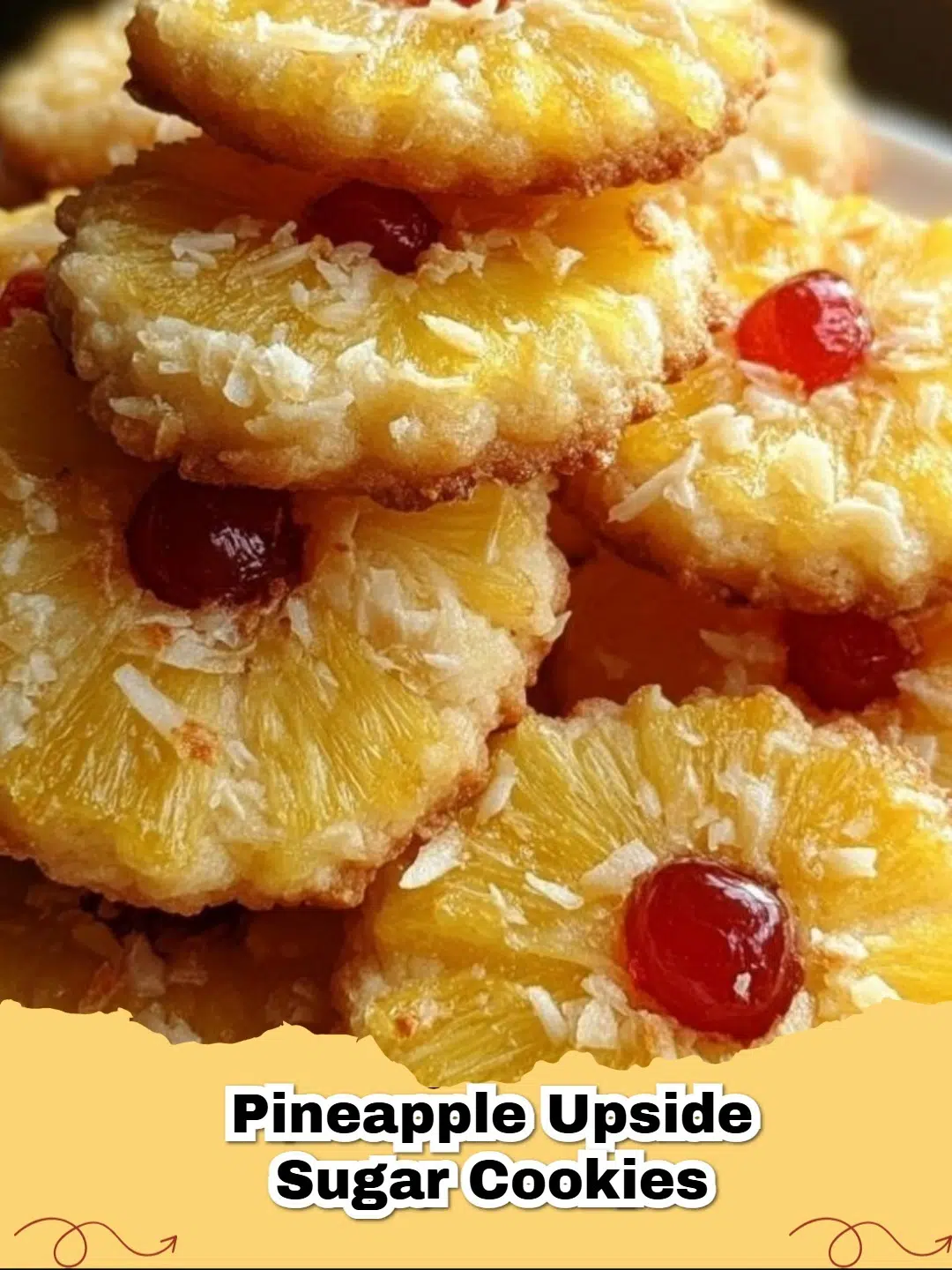 Close-up of Pineapple Upside-Down Sugar Cookies with caramelized pineapple and a cherry on top
