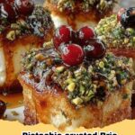 Golden-brown Pistachio-Crusted Brie Bites on a festive serving platter with fresh cranberries and rosemary garnish