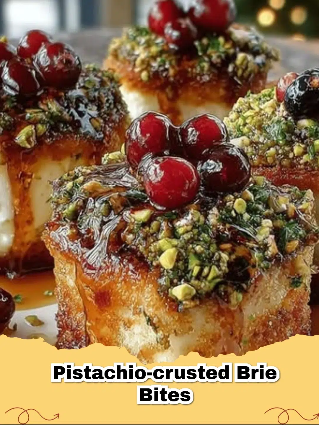 Golden-brown Pistachio-Crusted Brie Bites on a festive serving platter with fresh cranberries and rosemary garnish