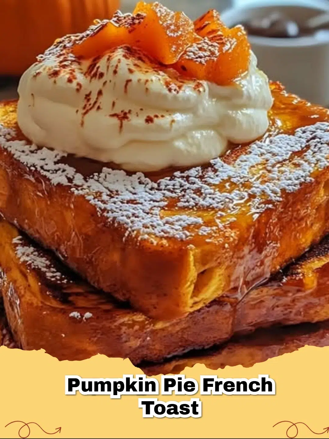 Stack of golden brown Fall Pumpkin Pie French Toast topped with powdered sugar and maple syrup, with a side of whipped cream.
