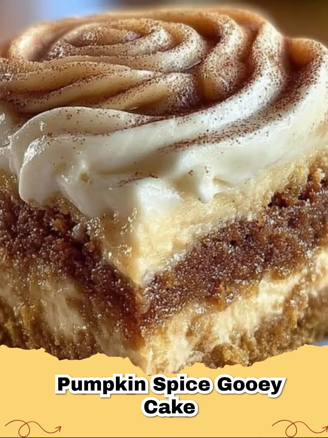Slice of Pumpkin Spice Gooey Cake on a plate, dusted with powdered sugar, with a fork ready to take a bite, highlighting its soft, moist texture and creamy pumpkin filling.