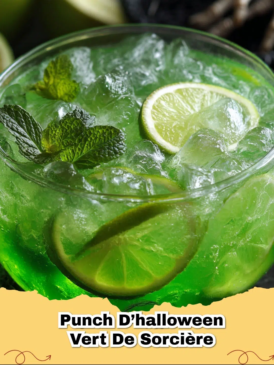 Grand bol de punch d'Halloween vert de sorcière avec des bonbons en forme d'yeux flottants et une ambiance festive