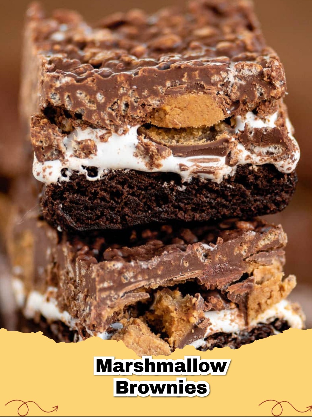 Decadent Reese's Marshmallow Crunch Brownies with a visible layer of marshmallow, peanut butter crunch, and chopped Reese's.