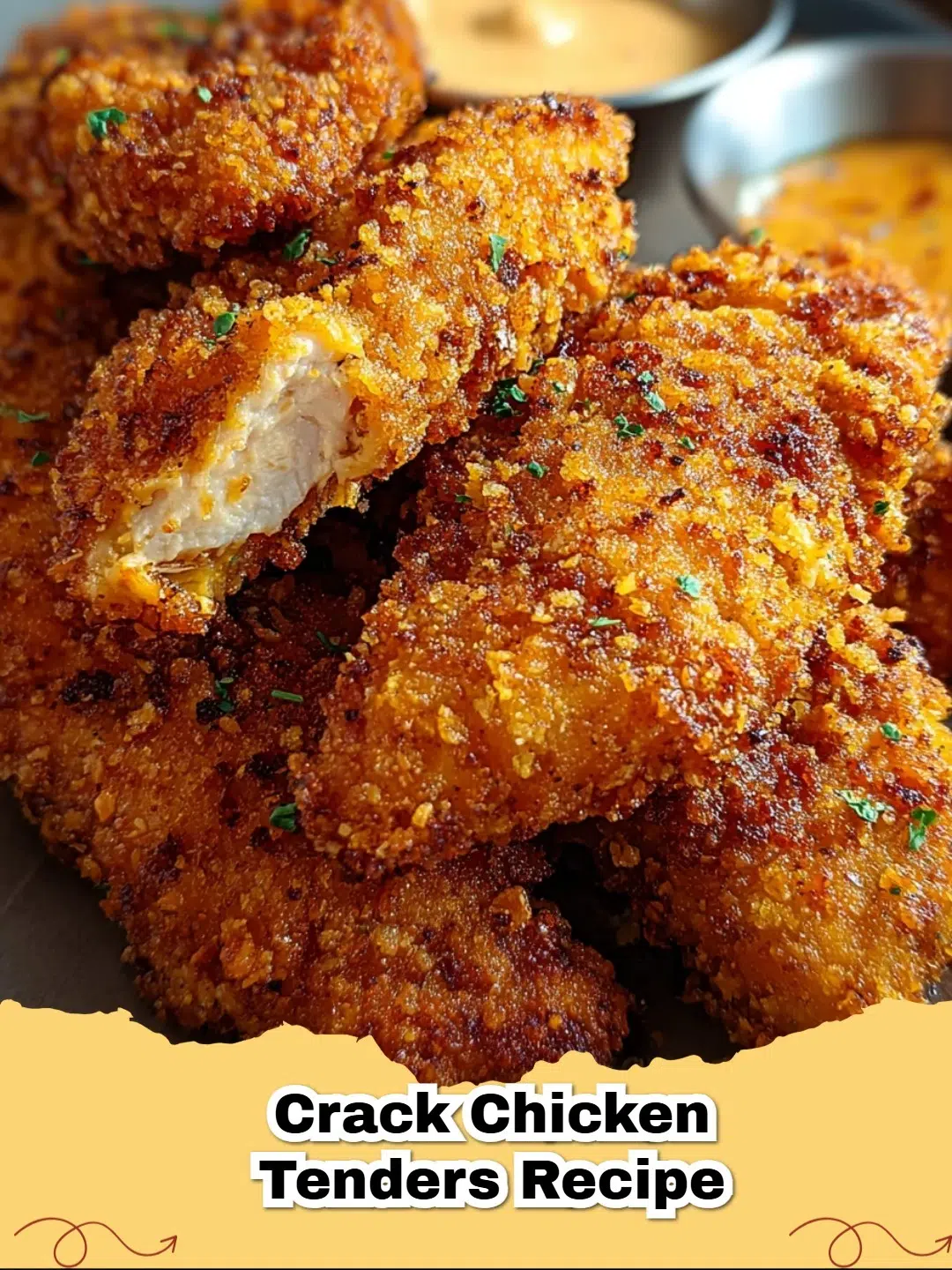 Golden-brown Ritz Cracker Crusted Crack Chicken Tenders on a wire rack with dipping sauce.