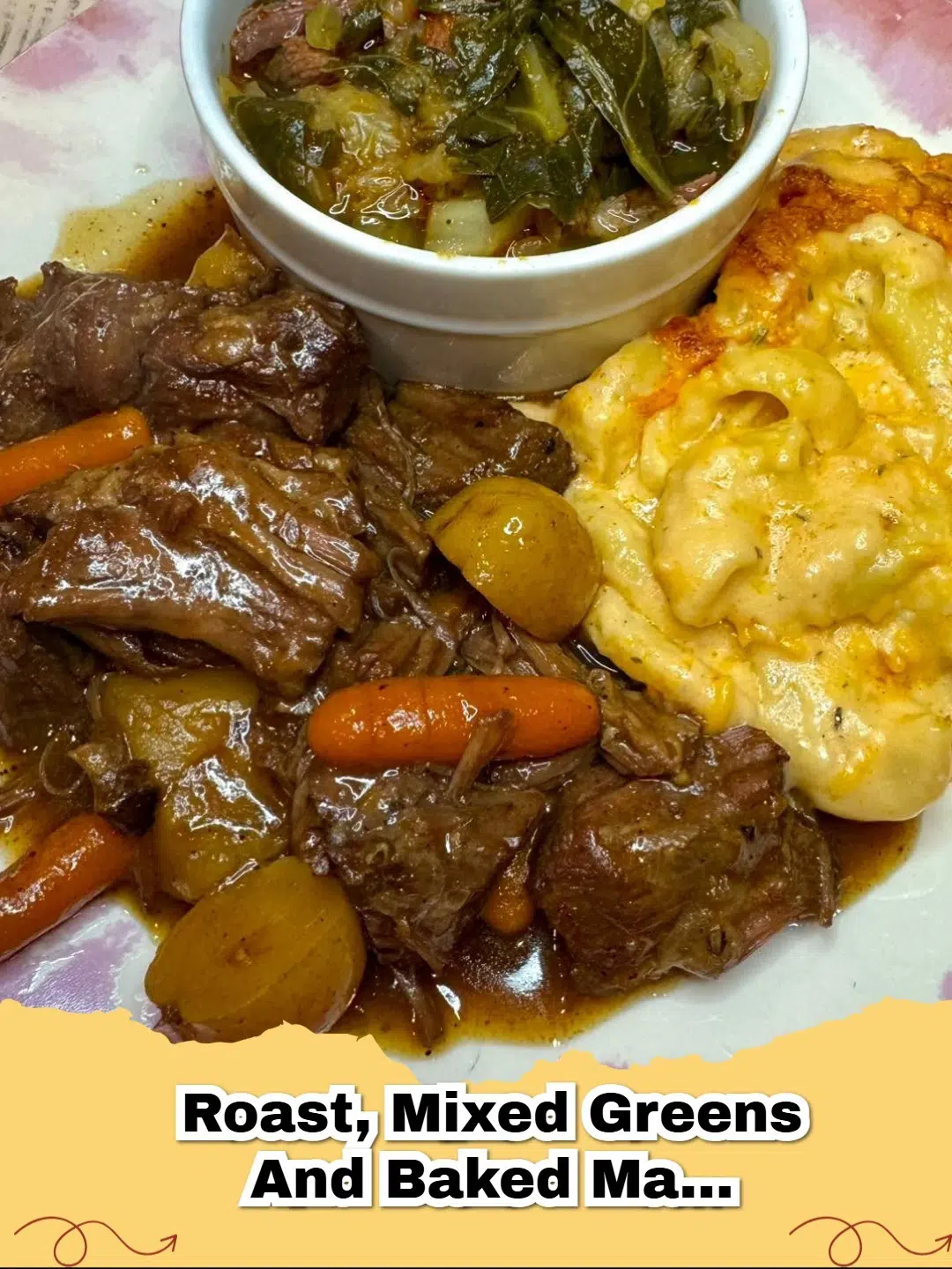 A stunning platter featuring a perfectly cooked roast, a vibrant side of fresh mixed greens, and a bubbling dish of golden-brown baked mac & cheese, ready to serve as a comforting meal.