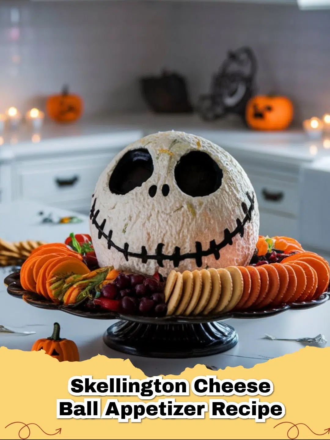 Spooky Skellington Cheese Ball Halloween appetizer with crackers