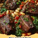 Platter of slow-braised beef short ribs with butter beans and spinach, garnished with fresh herbs.