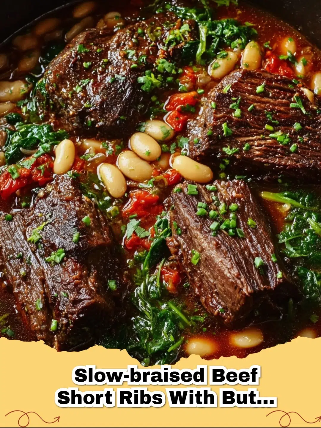 Platter of slow-braised beef short ribs with butter beans and spinach, garnished with fresh herbs.
