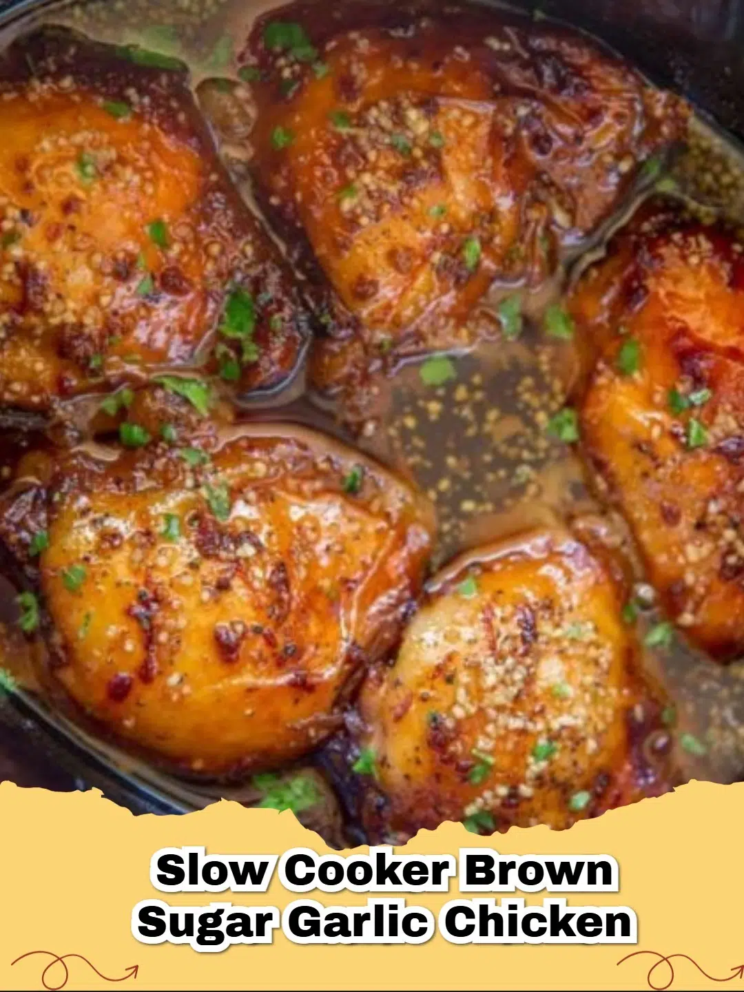Close-up of tender Slow Cooker Brown Sugar Garlic Chicken thighs garnished with green onions and sesame seeds, served over rice.