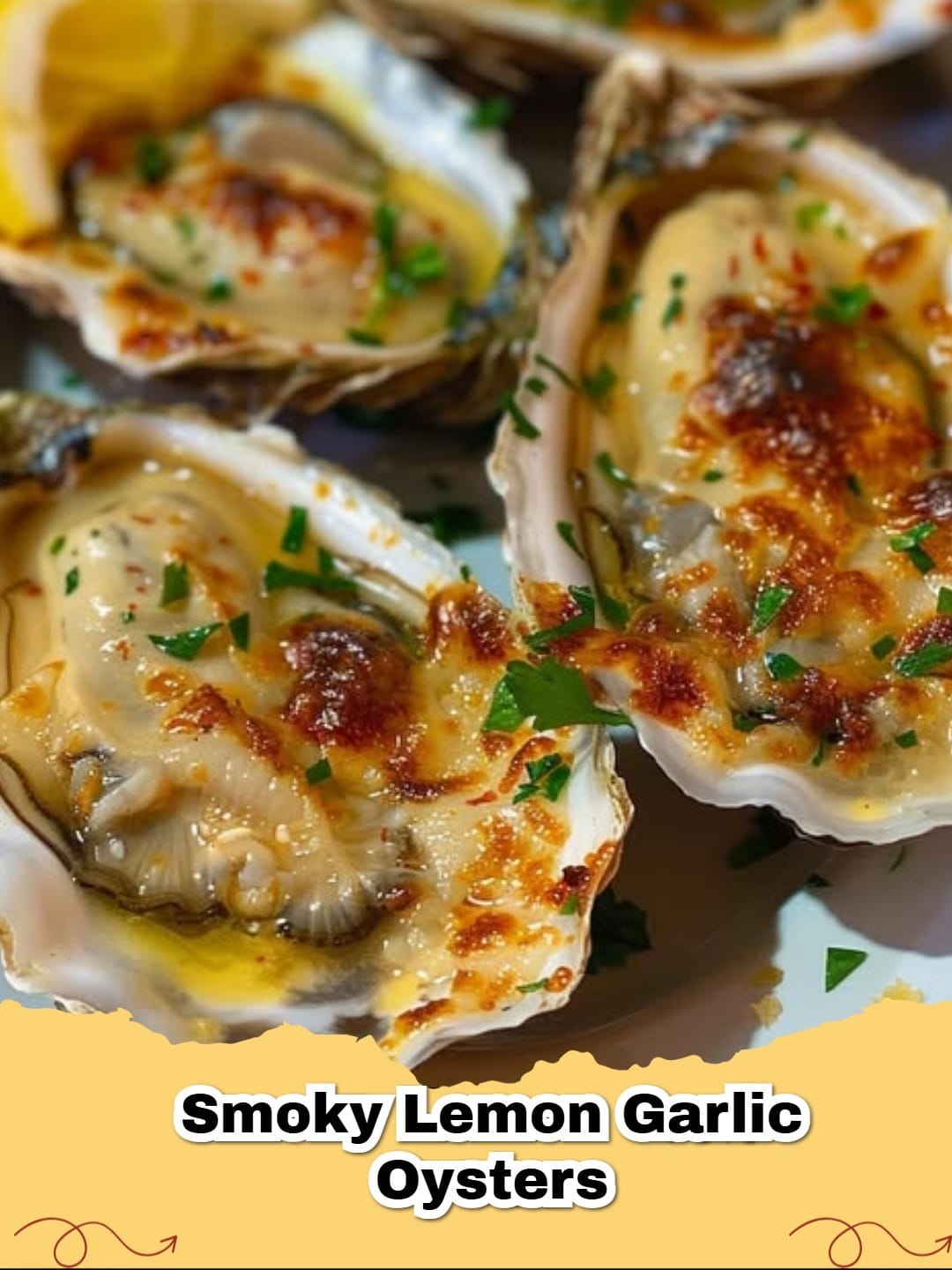 Close-up of freshly grilled Smoky Lemon Garlic Oysters on the half shell, garnished with parsley and lemon wedges