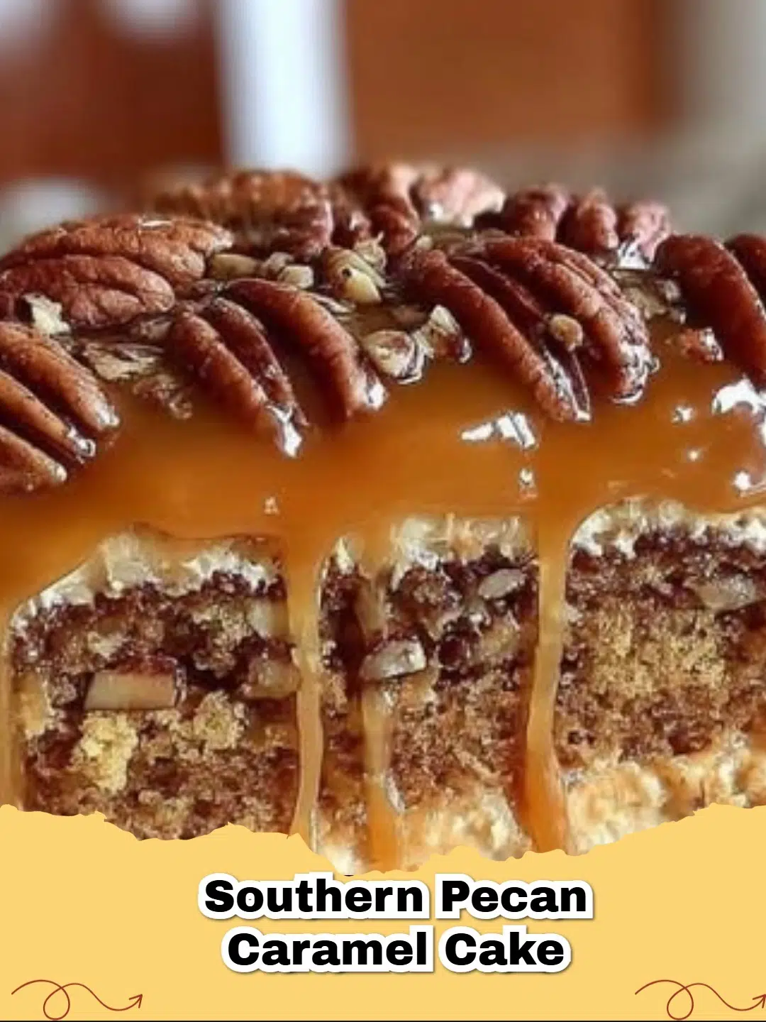 A glorious slice of Southern Pecan Caramel Cake with moist layers, rich caramel frosting, and chopped pecans on a white plate.
