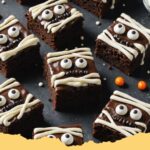 Close up of adorable mummy brownies decorated with white frosting and candy eyes on a Halloween-themed plate.