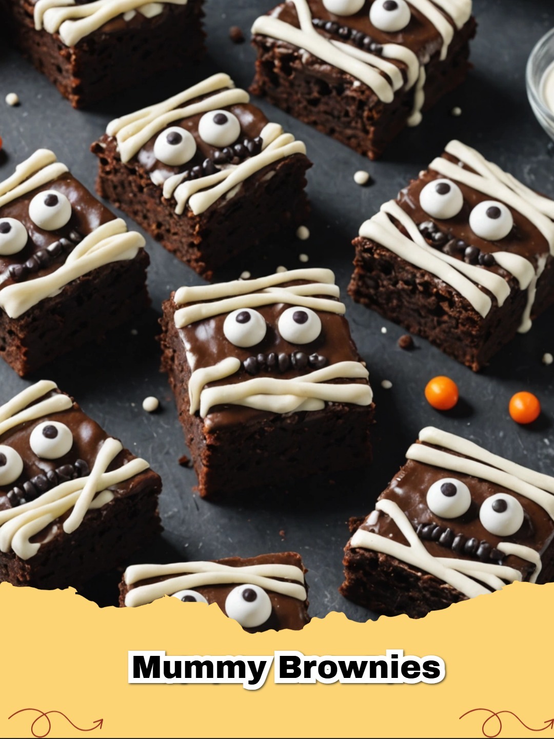 Close up of adorable mummy brownies decorated with white frosting and candy eyes on a Halloween-themed plate.