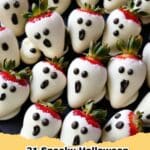 Plate of spooky Mummy Hot Dogs with mustard eyes, perfect for Halloween movie night snacks.