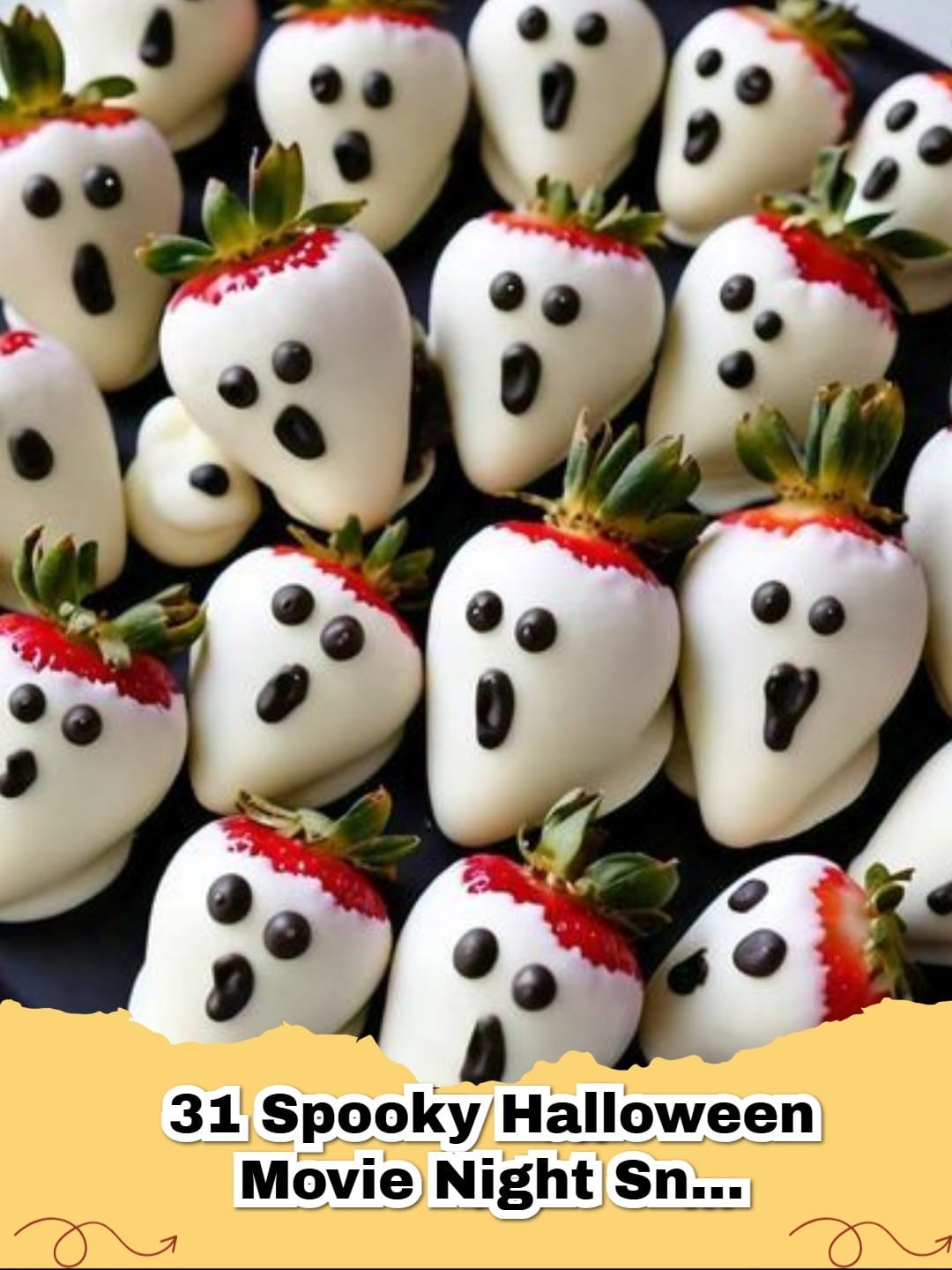 Plate of spooky Mummy Hot Dogs with mustard eyes, perfect for Halloween movie night snacks.