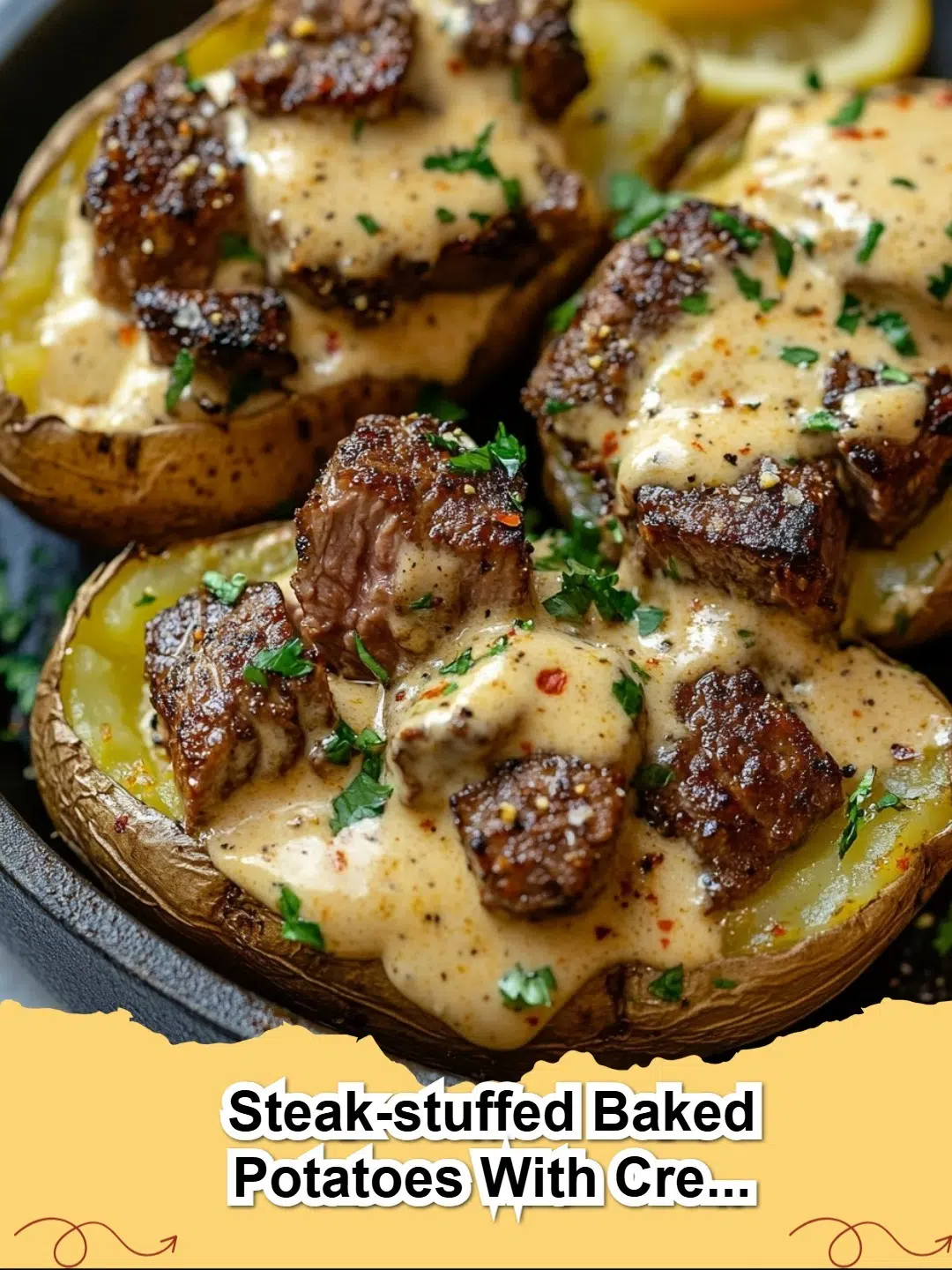 Steak-Stuffed Baked Potatoes with Creamy Parmesan Sauce, topped with fresh chives, a hearty comfort food meal.