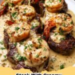 Juicy Steak with Creamy Garlic Shrimp, garnished with fresh parsley