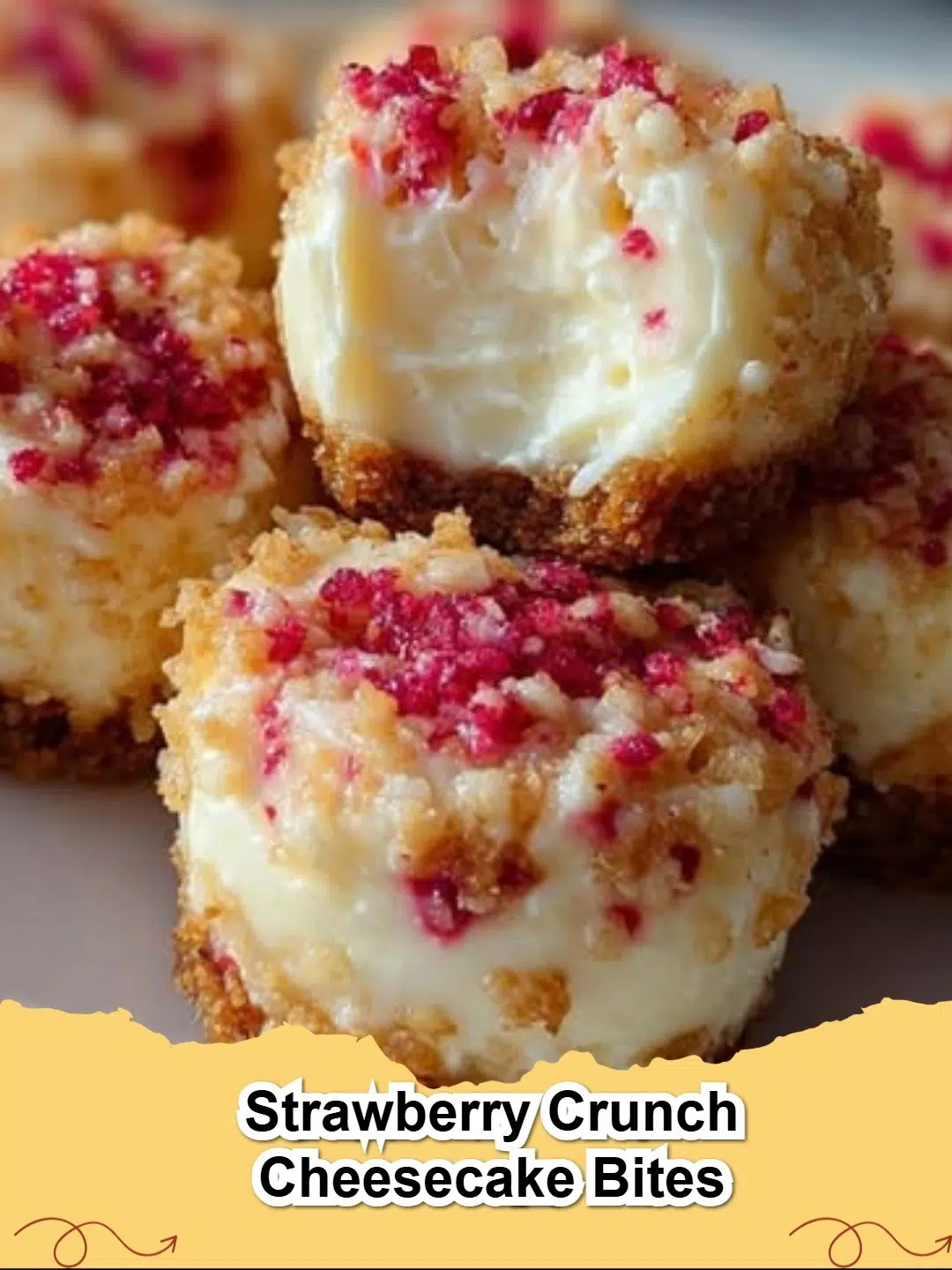 Delicious Strawberry Crunch Cheesecake Bites with a creamy filling and vibrant strawberry crumble topping on a platter.