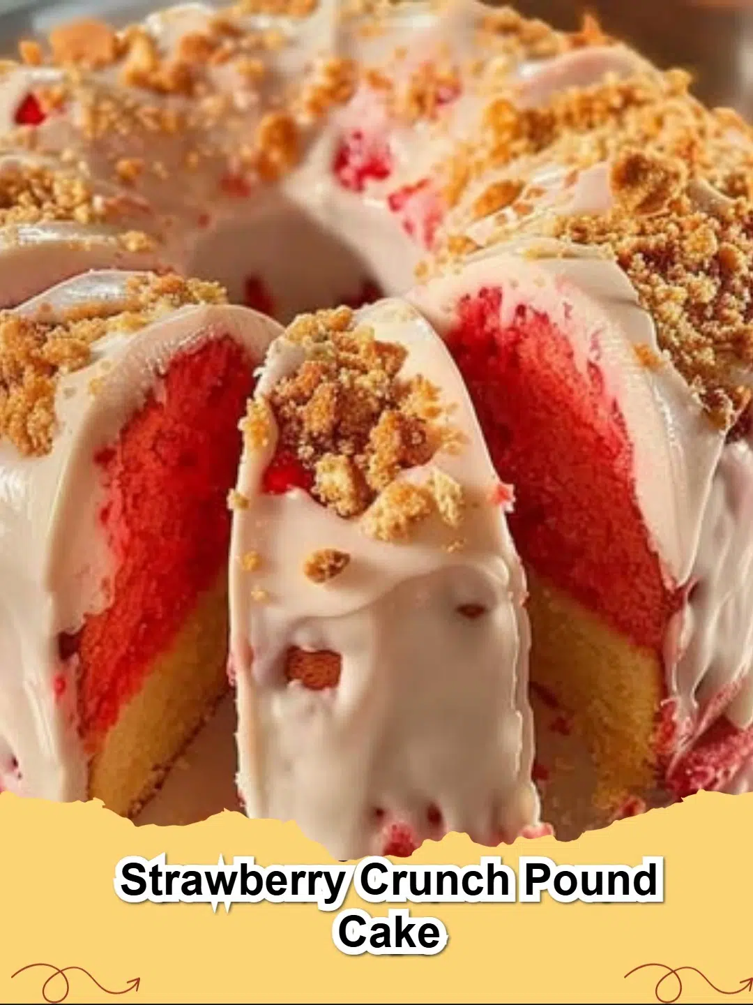 A beautifully sliced Strawberry Crunch Pound Cake showing its marbled interior and crunchy topping on a white plate.