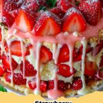 Close-up of a delicious Strawberry Earthquake Cake with cracked cream cheese topping and visible strawberry pieces.