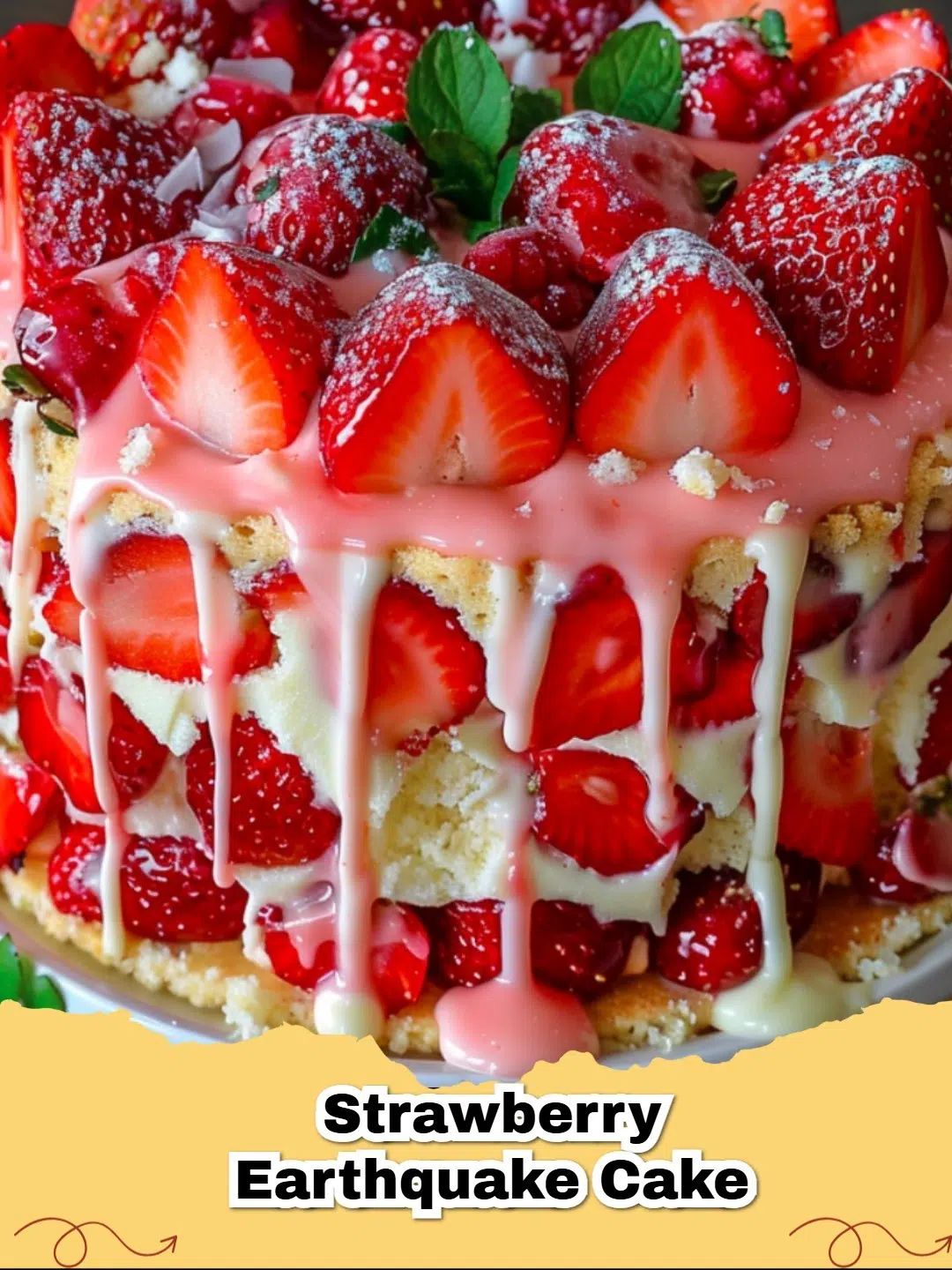 Close-up of a delicious Strawberry Earthquake Cake with cracked cream cheese topping and visible strawberry pieces.