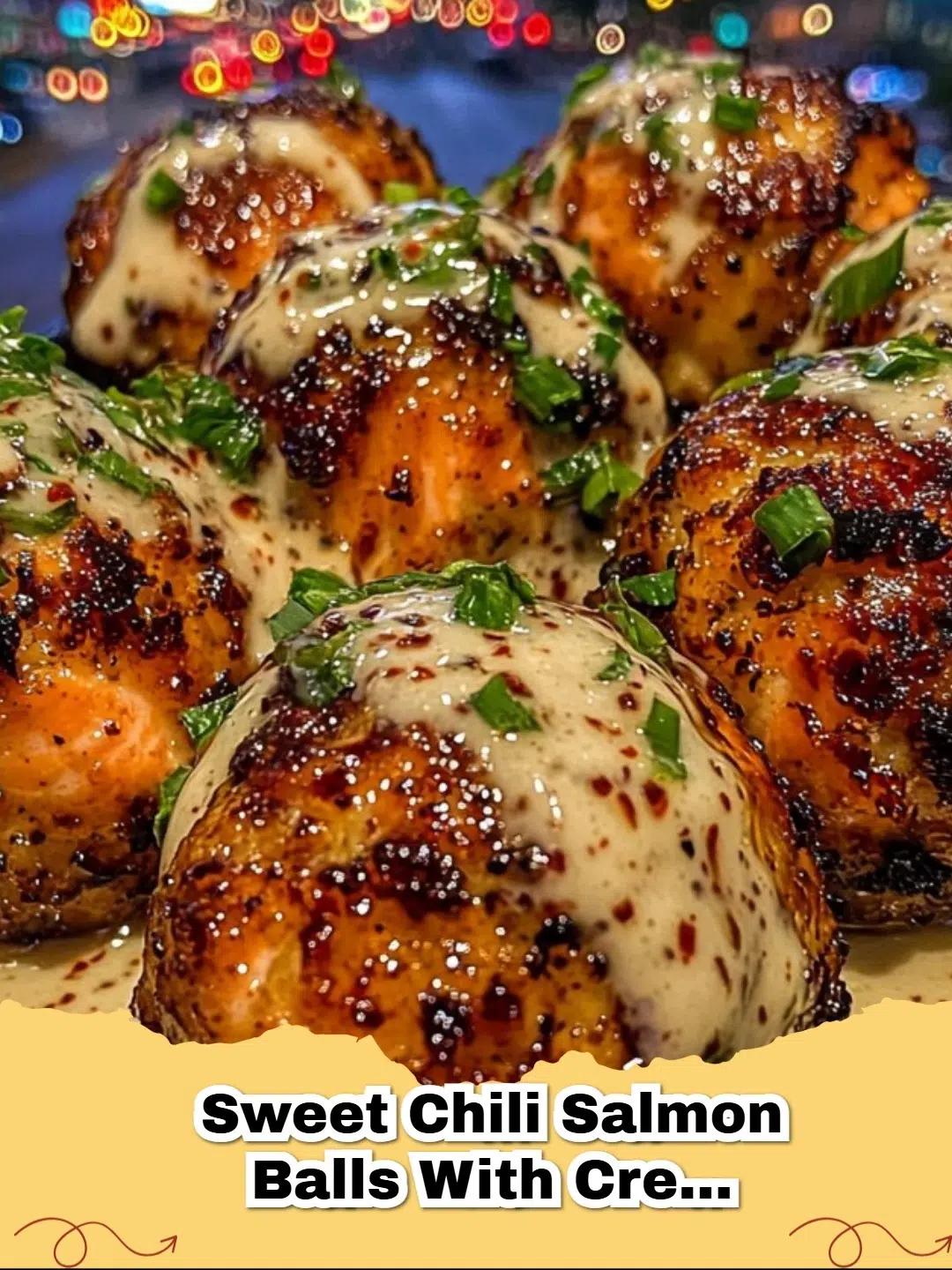 Platter of golden-brown sweet chili glazed salmon balls with a side of creamy garlic sauce and fresh herbs.