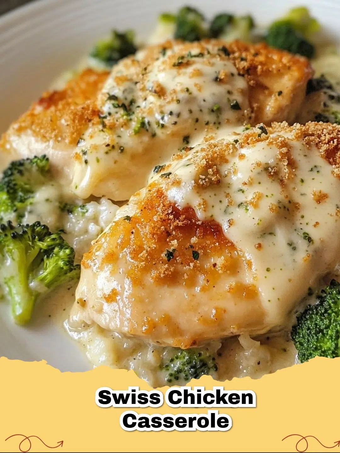 Delicious and bubbly Swiss Chicken Casserole baked in a white dish, topped with golden stuffing and melted cheese, ready to be served.