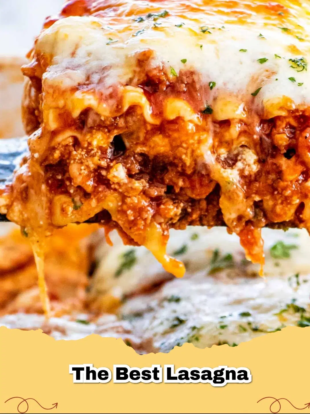 Close-up of a bubbling, golden-brown homemade meat lasagna slice on a plate, showing rich layers of meat sauce, ricotta, and melted cheese, garnished with fresh basil.