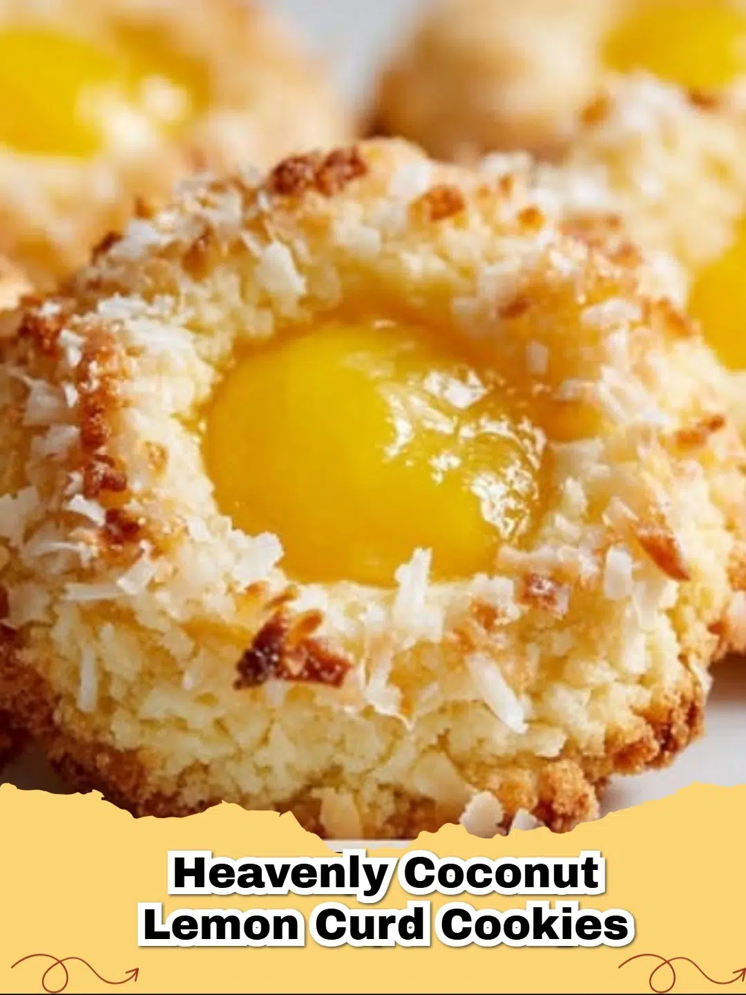 Toasted Coconut Lemon Curd Thumbprint Cookies on a cooling rack, garnished with toasted coconut.