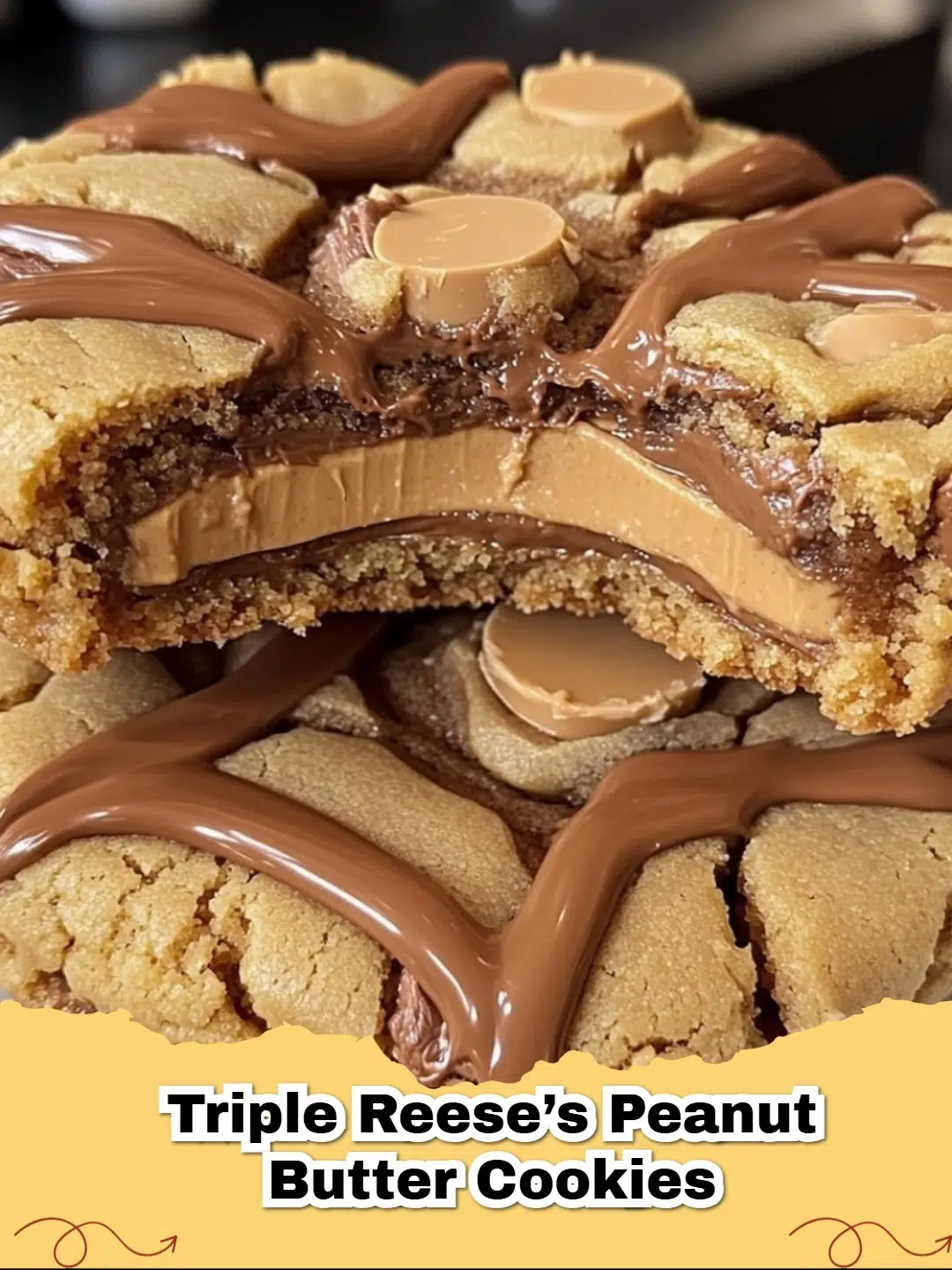 Pile of Triple Reese's Peanut Butter Cookies with visible peanut butter chips, cups, and Reese's Pieces