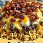 Hearty Bacon Cheeseburger Ramen Noodle Bake fresh from the oven, topped with melted cheddar.