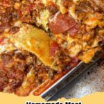 Delicious homemade meat lover's lasagna with rich meat sauce, creamy cheese, and golden-brown top, ready to serve.