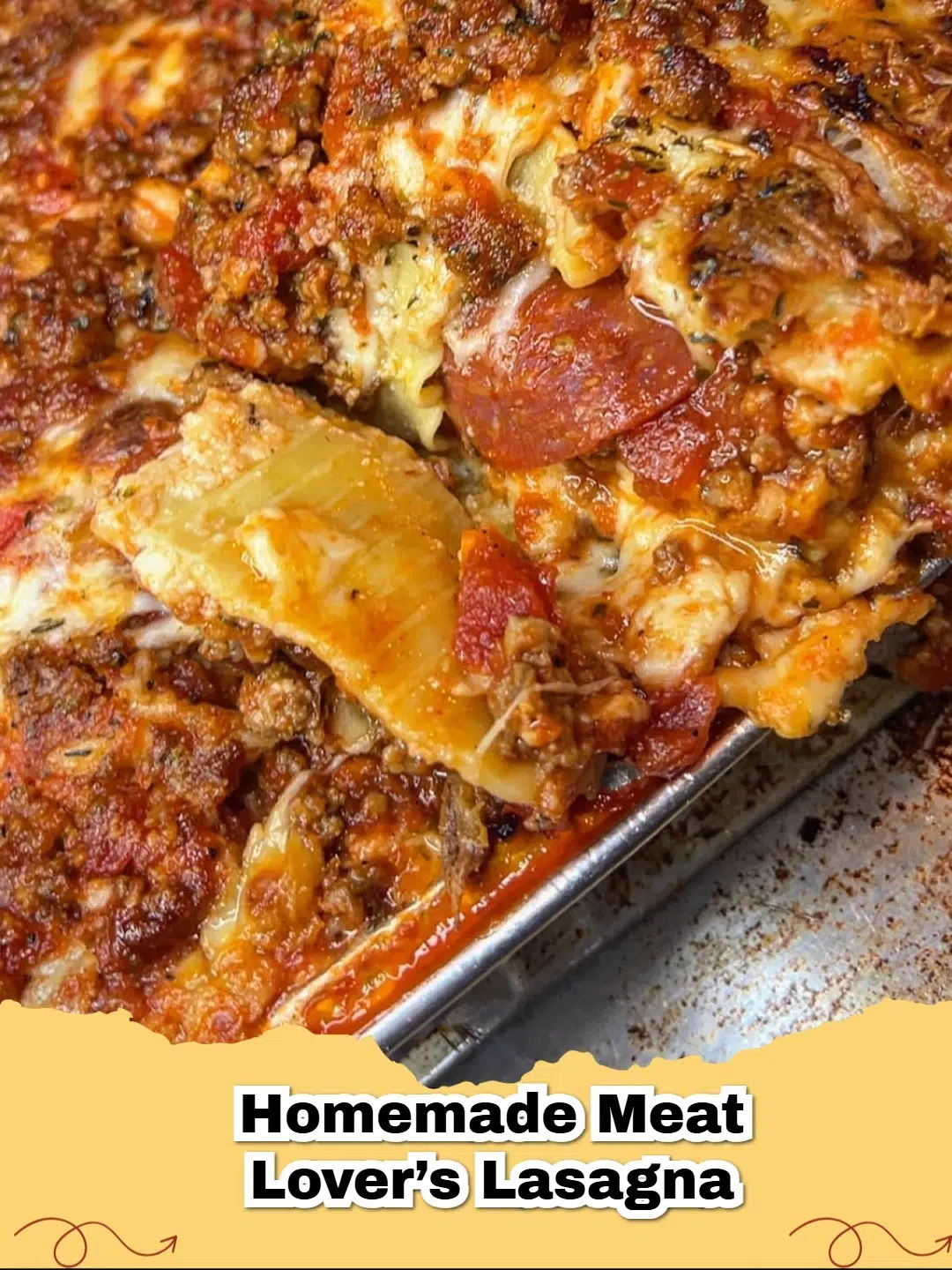 Delicious homemade meat lover's lasagna with rich meat sauce, creamy cheese, and golden-brown top, ready to serve.