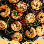 Close-up of Vampire Pasta, a black squid ink pasta with garlic and shrimp, garnished with fresh parsley.
