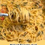 A vibrant dish of vegan baked tomato and spinach pasta in a white bowl, garnished with fresh basil.