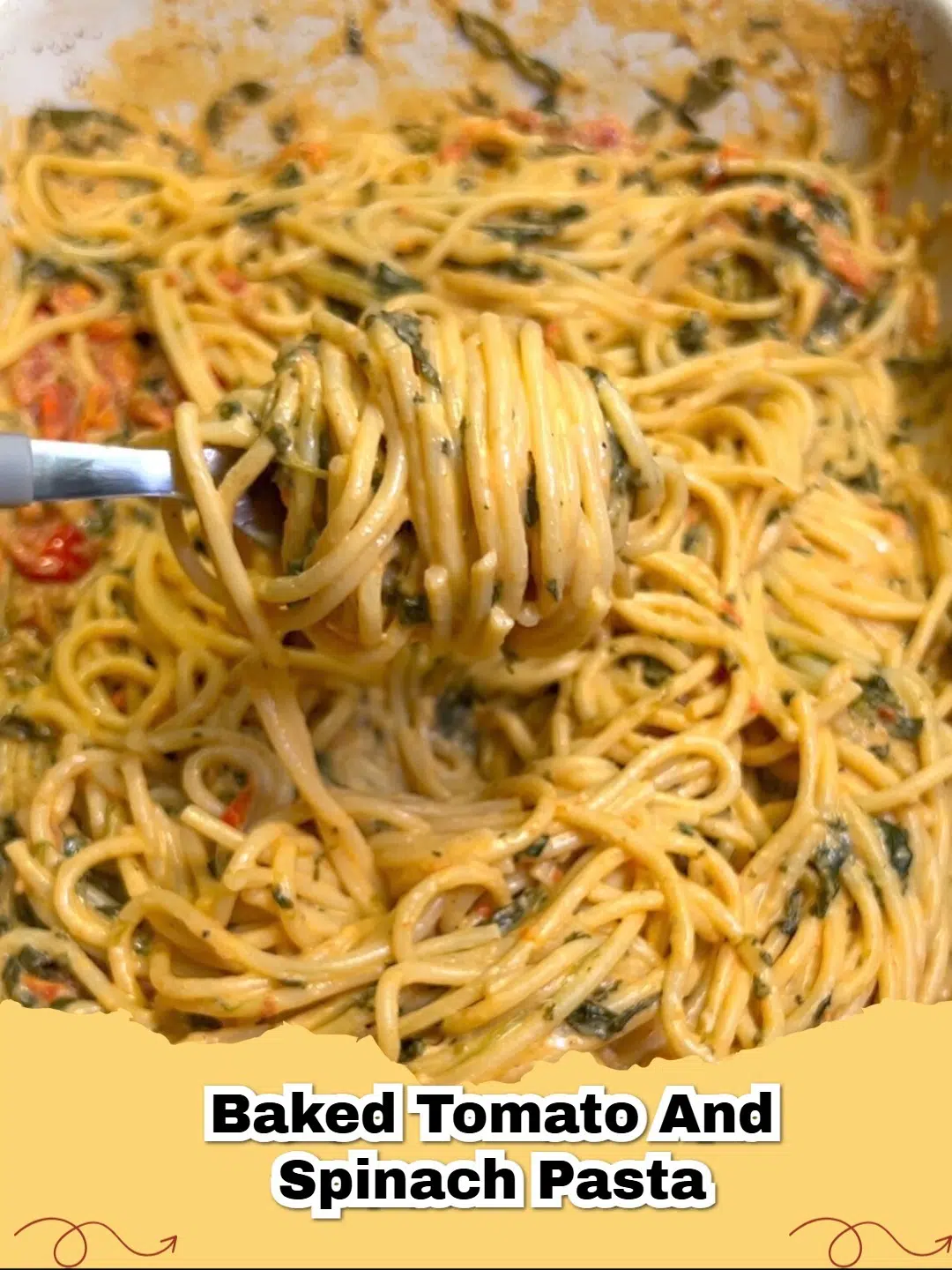 A vibrant dish of vegan baked tomato and spinach pasta in a white bowl, garnished with fresh basil.