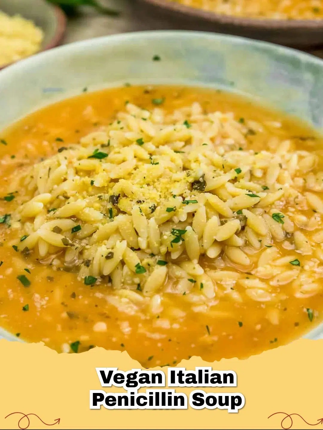 A steaming bowl of Vegan Italian Penicillin Soup with small pasta and fresh parsley, ready to boost immunity.